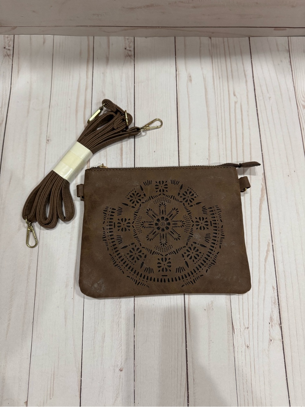 Brown Laser-Cut Vegan Leather Crossbody Purse with Detachable Strap